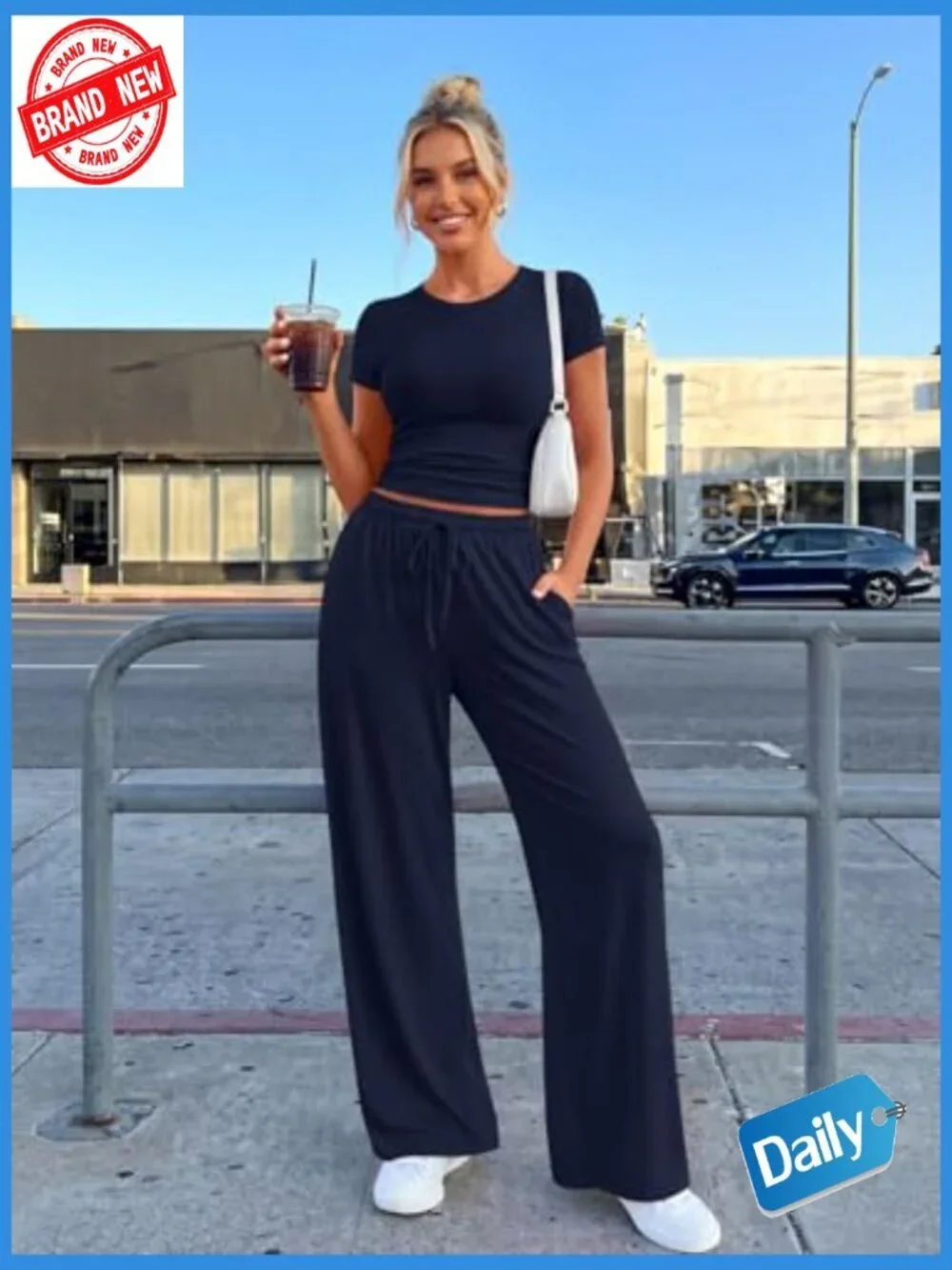 Women's 2 Piece Lounge Set Side Ruching Top Wide Leg Pants with Pockets